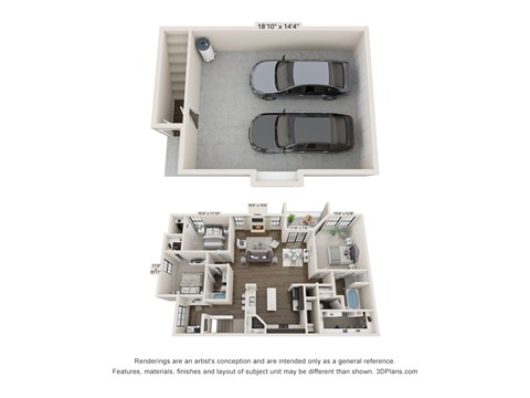 Floor plan for 3 beds, 2 baths, 1597 sqft